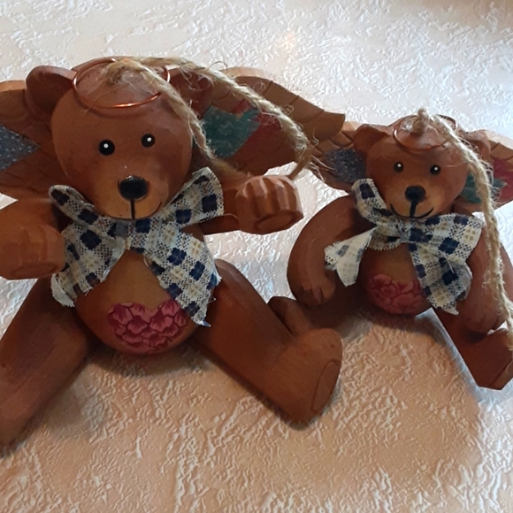 Other - Christmas Ornaments Vintage hand carved Wood Farm Primitives Teddy Bear Angels